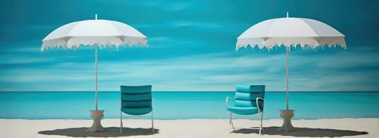 AI Generated beach scene of chairs under an umbrella in the sand photo