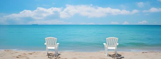 AI Generated beach scene of chairs under an umbrella in the sand photo