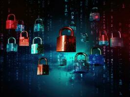 AI Generated padlocks in front of digital codes. Cybersecurity. Locks. Keys. photo