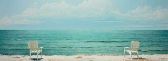 AI Generated beach scene of chairs under an umbrella in the sand photo