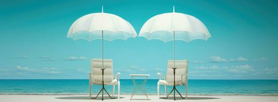 ai generado playa escena de sillas debajo un paraguas en el arena foto