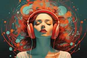 AI generated A young woman wearing headphones listening to music gives a good feeling. photo