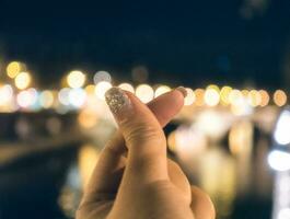 Finger sign mini heart on blurred bokeh photo