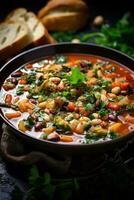 AI generated A colorful and hearty minestrone soup with a variety of vegetables, beans, and pasta photo