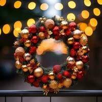 AI generated a beautifully decorated Christmas wreath with red and gold ornaments, photo