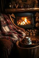 ai generado un acogedor cabina interior con un rugido chimenea, suave mantas, y un caliente taza de té foto