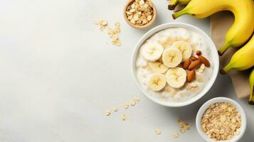 AI generated A bowl of creamy oatmeal with sliced banana, honey, and chopped walnuts photo