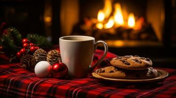 AI generated A cozy Christmas scene with a plaid blanket, a mug of hot cocoa, and a plate of Christmas cookies photo