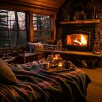 AI generated A cozy cabin interior with a roaring fireplace, soft blankets, and a hot cup of tea photo