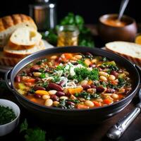 AI generated A colorful and hearty minestrone soup with a variety of vegetables, beans, and pasta photo