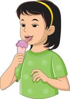 pequeño niña saboreo helado con lengua vector ilustración