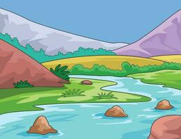 vector ilustración demostración corriente de río, piedras, césped y montañas.eps