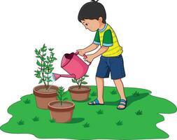 pequeño chico riego plantas mediante riego lata vector ilustración