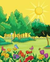 Vector illustration showing flowers, trees and brightly shining sun