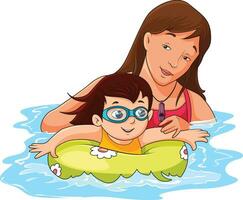 Mother teaching her son about swimming vector illustration