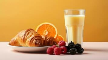 AI generated A glass of orange juice accompanied by a croissant with butter and jam photo