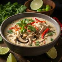 ai generado un fragante y exótico tailandés sopa con La hierba de limón, Coco Leche foto