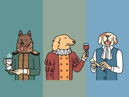 Dogs with body of people in clothes of lords and medieval kings hold mug of tea or glass of wine. Parody dogs in image of aristocrats from high society of 18th century dressed in vintage costumes vector