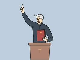 Priest with bible shouts and standing behind podium with christian crucifix, talking about retribution for sins. Priest expressively reads sermon or conducts religious mass for church visitors vector