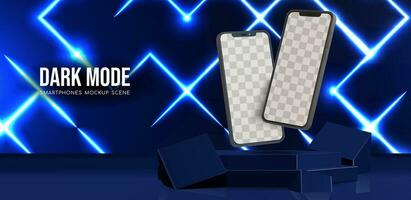 Dark mode smartphones mockup scene with neon hexagons grid vector