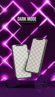 Dark mode smartphones mockup scene with neon hexagons grid vector