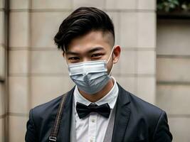 AI generated Cute and Handsome Asian Guy in Suit with Face Mask Smiling Looking at Camera photo