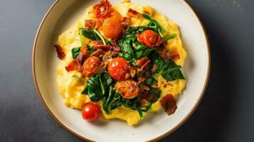 ai generado un plato de revuelto huevos con crujiente tocino, asado Cereza Tomates foto