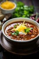 ai generado un picante y sabroso chile sopa con oferta trozos de carne de res, frijoles, y un espolvorear de rallado queso foto