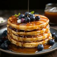 AI generated A stack pancakes topped with fresh blueberries and drizzled with syrup on background photo