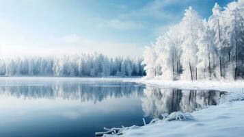 AI generated A picturesque winter landscape with snow-covered trees and a frozen lake photo