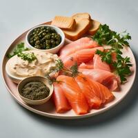 AI generated A plate of smoked salmon, cream cheese, and bagel with capers and red onion photo