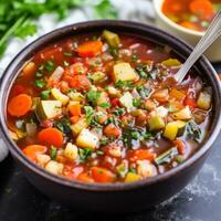 AI generated A hearty and healthy vegetable soup with chunks of colorful veggies and sprig of fresh herbs on top photo