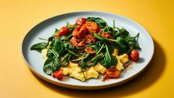 AI generated A plate of scrambled eggs with crispy bacon, roasted cherry tomatoes photo