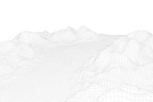 Abstract vector wireframe landscape background. 3D futuristic mesh mountains. 80s Retro illustration. Cyberspace technology valleys