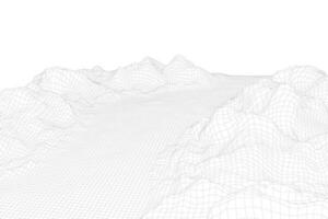 Abstract vector wireframe landscape background. 3D futuristic mesh mountains. 80s Retro illustration. Cyberspace technology valleys