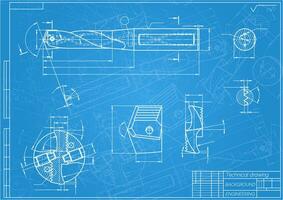 Mechanical engineering drawings on blue background. Drill tools, borer. Technical Design. Cover. Blueprint. Vector illustration