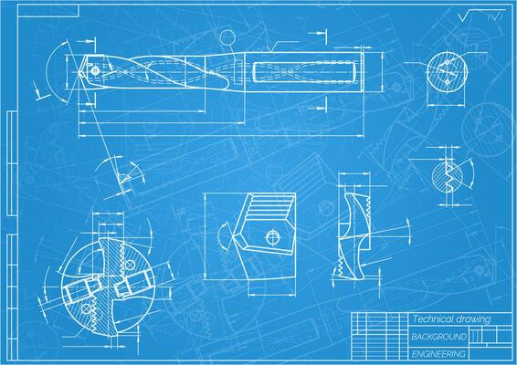 Mechanical engineering drawings on blue background. Drill tools, borer. Technical Design. Cover. Blueprint. Vector illustration