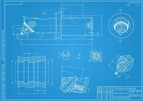 mecánico Ingenieria dibujos en azul antecedentes. aburrido bar con micrométrico ajustamiento. técnico diseño. cubrir. Plano. vector ilustración