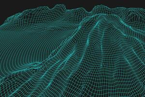 Blue abstract vector wireframe landscape background. 3D futuristic mesh mountains. 80s Retro illustration. Cyberspace technology valleys