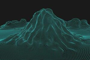 Blue abstract vector wireframe landscape background. 3D futuristic mesh mountains. 80s Retro illustration. Cyberspace technology valleys