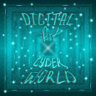 Blue futuristic technological background in cyberpunk style. Digital art. The inscription is painted by hand with brush. Lettering for design of postcards, poster, banner. Vector illustration.