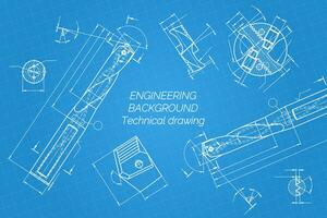 Mechanical engineering drawings on blue background. Drill tools, borer. Technical Design. Cover. Blueprint. Vector illustration