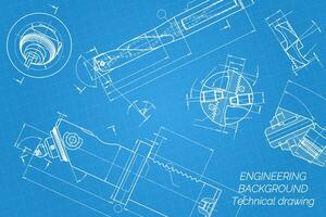 mecánico Ingenieria dibujos en azul antecedentes. perforar herramientas, taladrador. aburrido bar con micrométrico ajustamiento. broche. técnico diseño. cubrir. Plano. vector ilustración