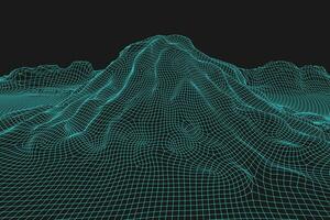 Blue abstract vector wireframe landscape background. 3D futuristic mesh mountains. 80s Retro illustration. Cyberspace technology valleys