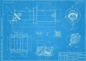 Mechanical engineering drawings on blue background. Boring bar with micrometric adjustment. Technical Design. Cover. Blueprint. Vector illustration