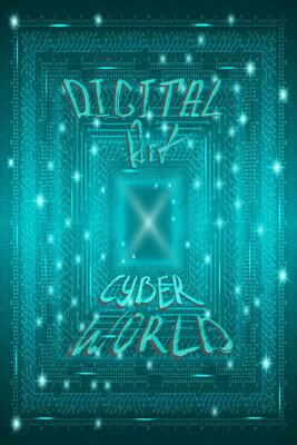Blue futuristic technological background in cyberpunk style. Digital art. The inscription is painted by hand with brush. Lettering for design of postcards, poster, banner. Vector illustration.