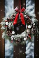 ai generado un hermosa Navidad guirnalda colgando en un rústico de madera puerta foto