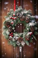ai generado un hermosa Navidad guirnalda colgando en un rústico de madera puerta foto