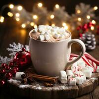 AI generated a cup of hot cocoa with marshmallows and a candy cane, photo