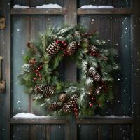 AI generated A beautiful Christmas wreath hanging on a rustic wooden door photo